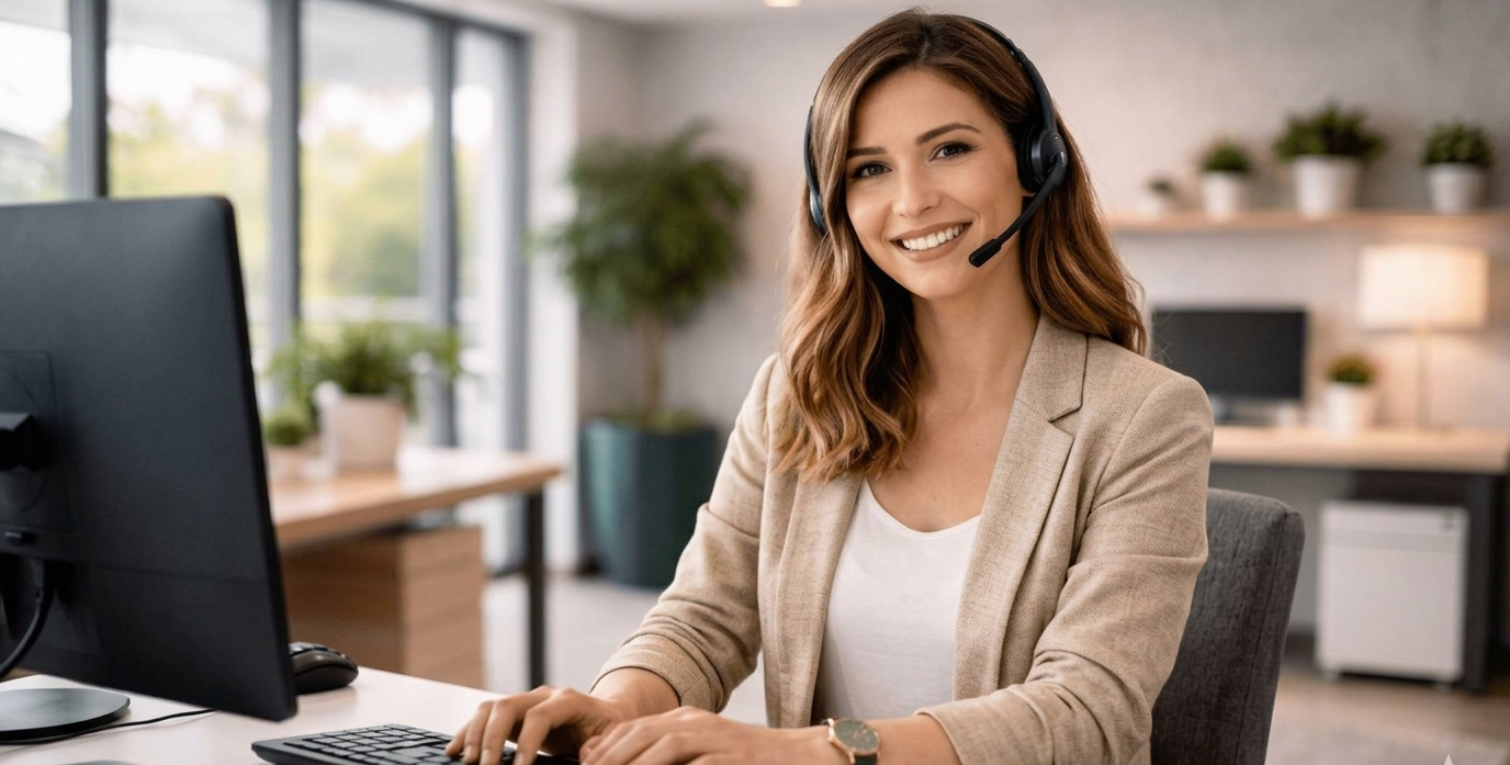 Atendente de suporte ao cliente utilizando headset em ambiente corporativo, representando atendimento humanizado, orientação e assistência especializada.